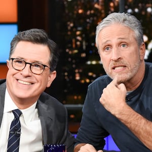 The Late Show with Stephen Colbert and guest Jon Stewart during Tuesday's November 27, 2018 show.