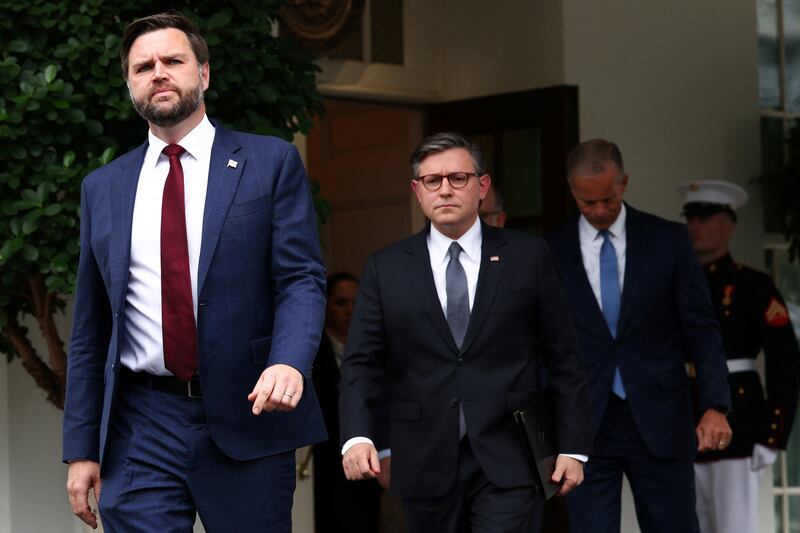 U.S. Vice President JD Vance, Speaker of the House Mike Johnson (R-LA), Office of Management and Budget (OMB) Director Russell Vought and Senate Majority Leader John Thune (R-SD) walk on the day U.S. President Donald Trump meets with top congressional leaders from both parties, just ahead of a September 30 deadline to fund the government and avoid a shutdown, at the White House in Washington, D.C., U.S., September 29, 2025. REUTERS/Kevin Lamarque