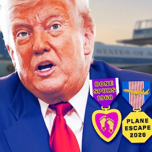 A photo illustration of Donald Trump in front of Air Force One wearing medals for Bone Spurs and the AF1 Plane Escape.