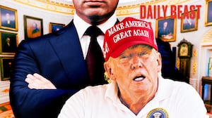 A photo illustration of Donald Trump and Stephen Miller inside the Oval Office for The Daily Beast podcast.