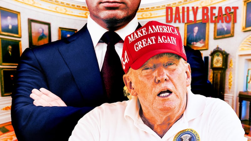 A photo illustration of Donald Trump and Stephen Miller inside the Oval Office for The Daily Beast podcast.