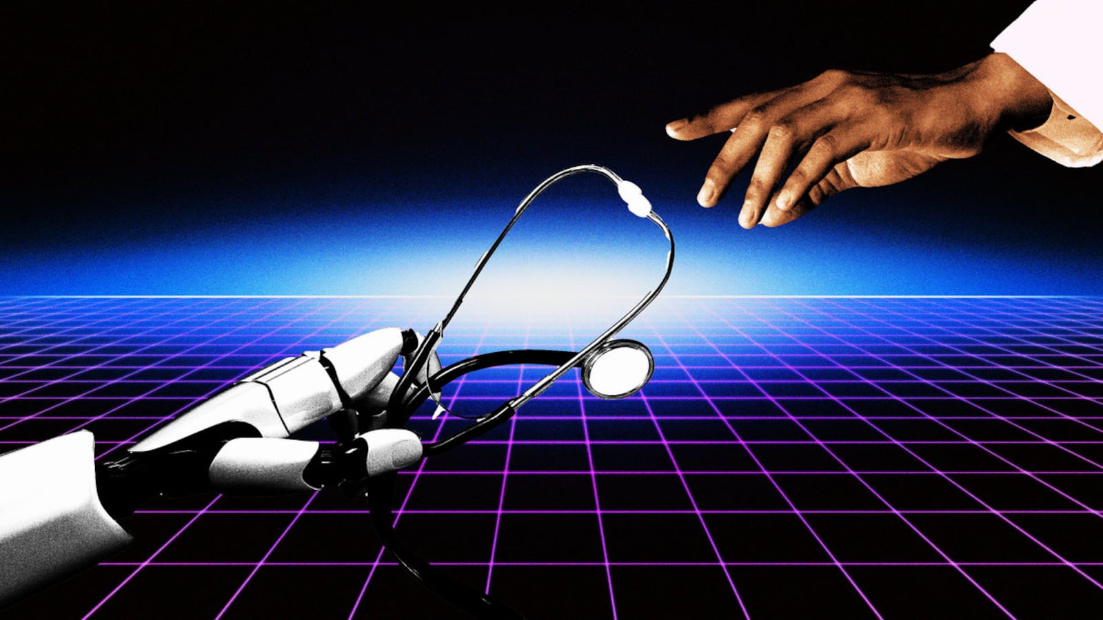 An illustration including images of Virtual Reality, AI, and a Doctor.