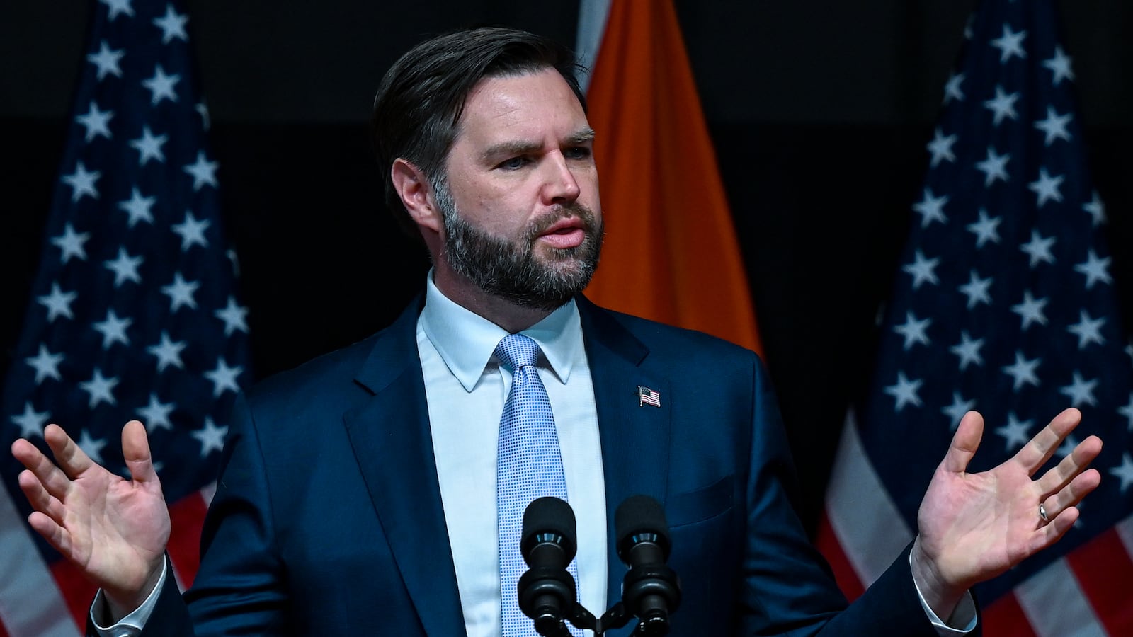 Vice President JD Vance delivers remarks at the Rajasthan International Centre on April 22, 2025 in Jaipur, India.