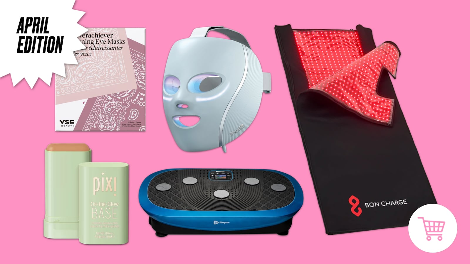 A collage of products on a pink background.