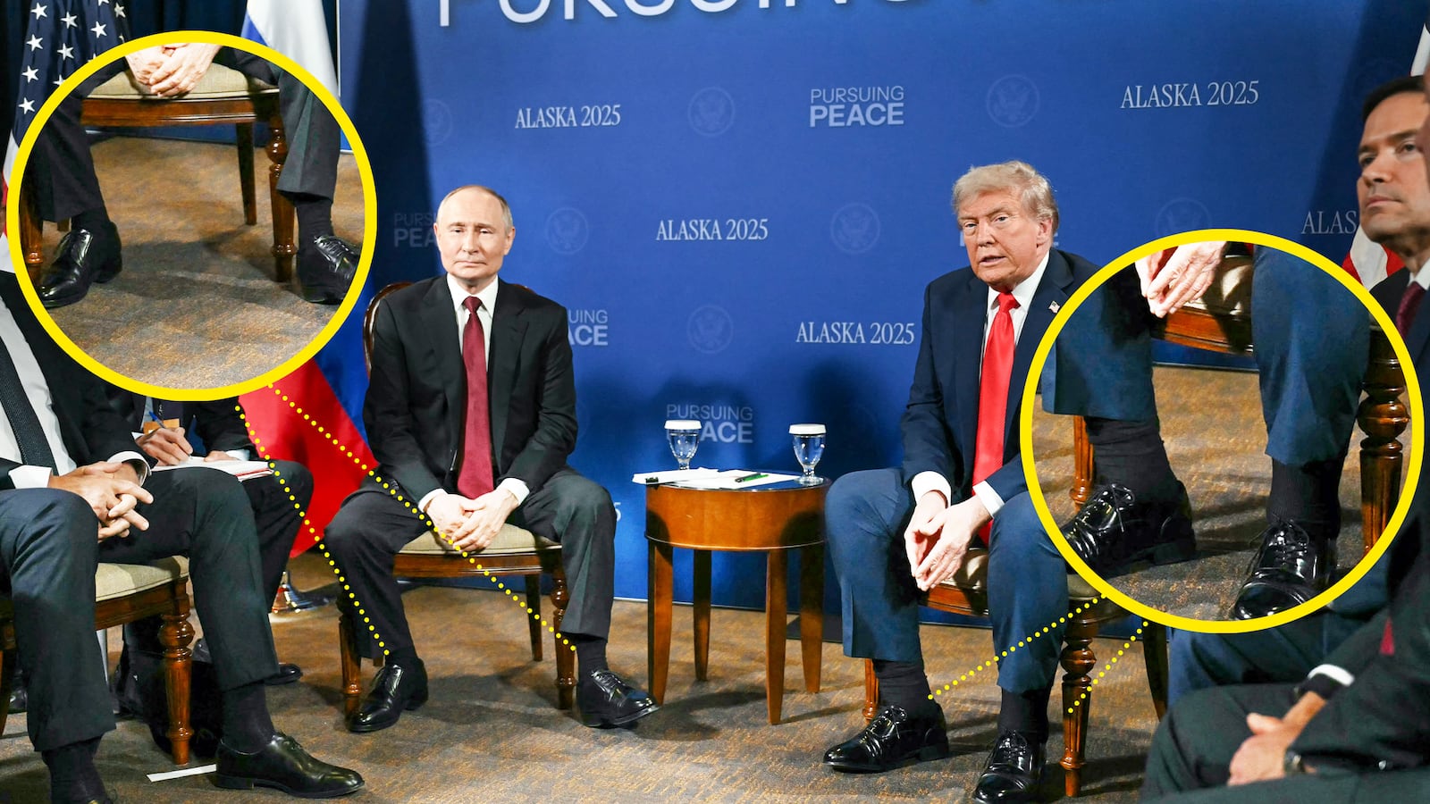 Donald Trump and Vladimir Putin (C-L), flanked meet during a US-Russia summit on Ukraine at Joint Base Elmendorf-Richardson in Anchorage, Alaska, on August 15, 2025.