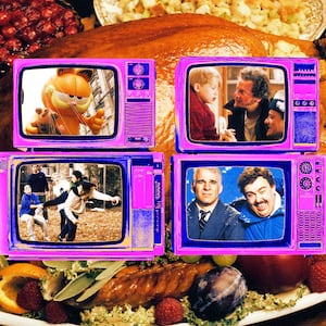 A photo illustration of television sets with the Thanksgiving Parade, Home Alone, Friends, and Planes, Trains & Automobiles, over a Thanksgiving dinner.