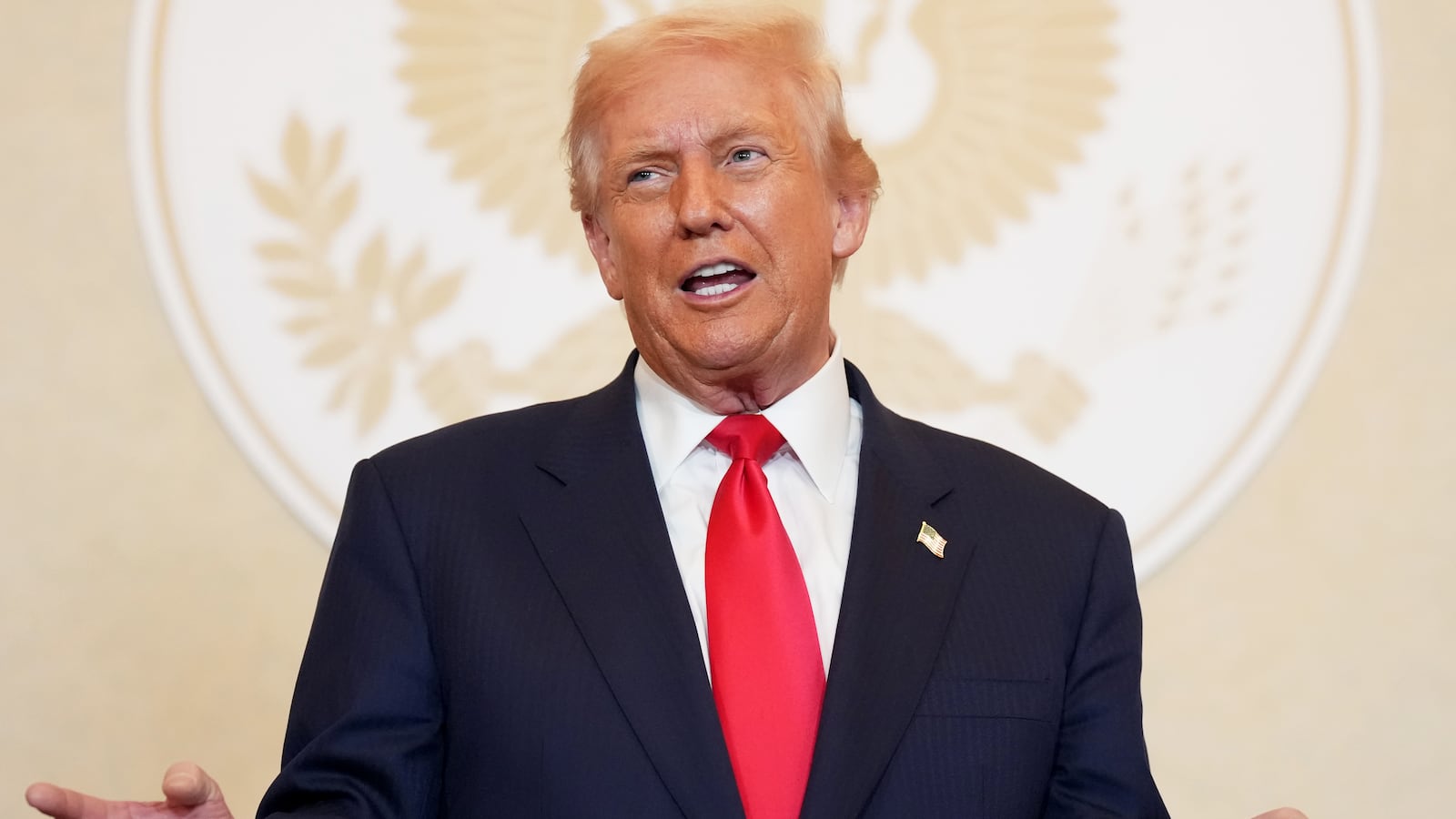 President Donald Trump speaks during a meeting with business leaders at the U.S. Ambassador's Residence on October 28, 2025 in Tokyo, Japan.