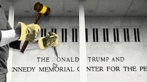 Illo illustration of a construction worker with a marble chisel and hammer, with the hammer replaced by a judge's gavel, chiseling away Donald Trump's name from the Kennedy Center
