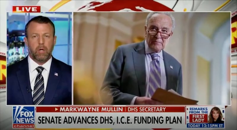 DHS Secretary Markwayne Mullin raged against Senate Minority Leader Schumer and challenged him to go without his security detail while calling the Democrat a "lying scumbag."
