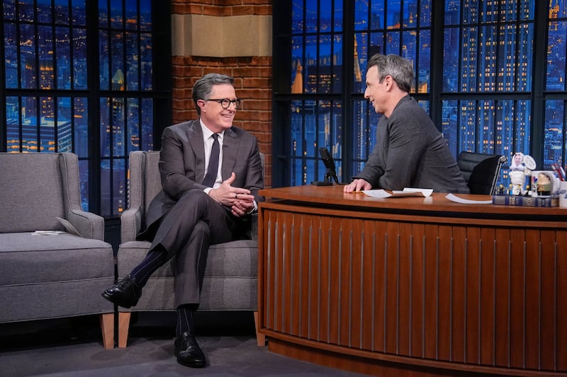 Comedian Stephen Colbert during an interview with host Seth Meyers on January 27, 2026.