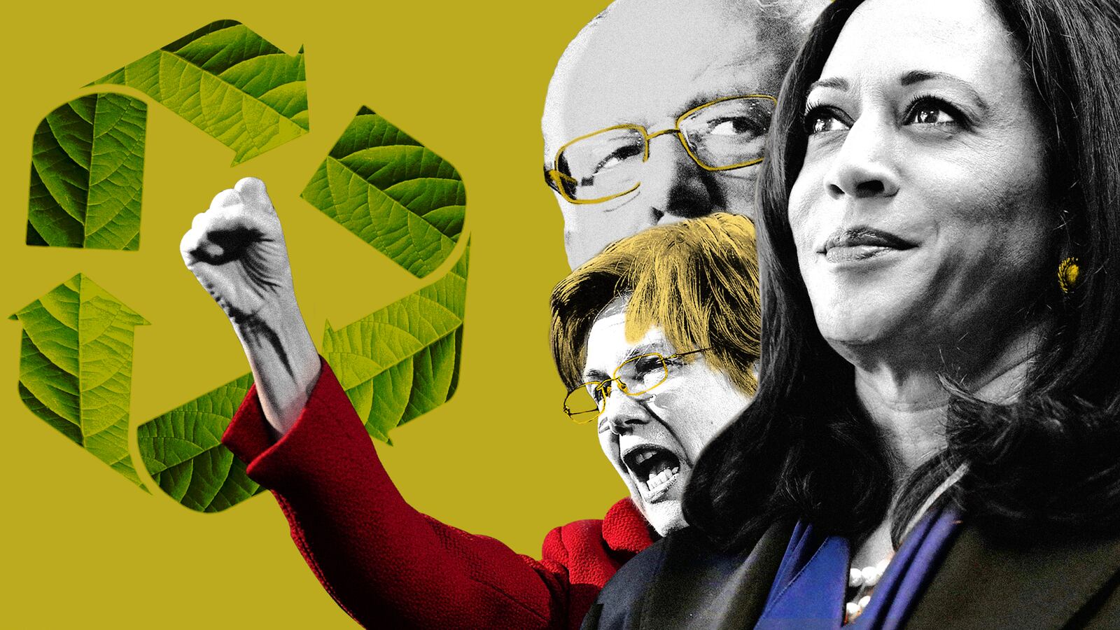 bernie sanders kamala harris elizabeth warren on yellow background with recycling sign climate change jay inslee kirstin gillibrant 2020 election democrat julian castro republican donald trump alexandria ocasio cortez green new deal environment