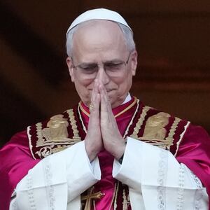 The newly elected Pontiff, Pope Leo XIV is seen for the first time from the Vatican balcony on May 8, 2025 in Vatican City, Vatican.