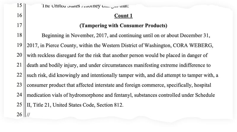 A snippet from the bill of information showing the criminal charge against Cora Weberg.