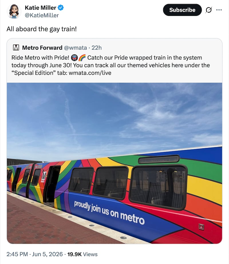 Katie Miller's post on x that appears to support Pride Month.