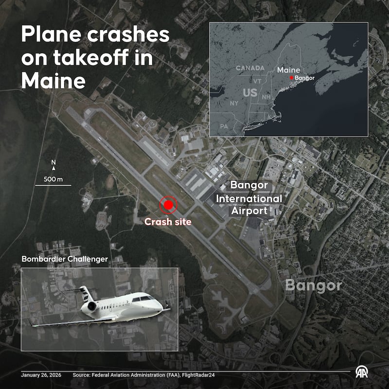 ANKARA, TURKIYE - JANUARY 26: An infographic titled "Plane crashes on takeoff in Maine" created in Ankara, Turkiye on January 26, 2026. (