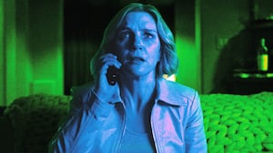 A photo illustration of Rhea Seehorn in "Pluribus."