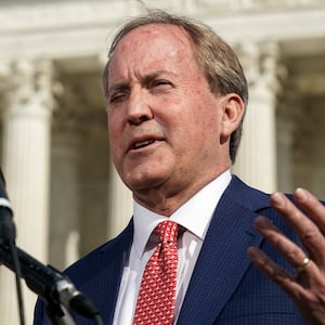 WASHINGTON, DC FEBRUARY 26: 
Ken Paxton, Texas Attorney General, speaks with the media after oral arguments were heard by the United States Supreme Court to determine whether the controversial Florida and Texas social media laws, which prohibits platforms from suspending the accounts of political candidates or media publications, can stand on February 26, 2024, in Washington, DC.  Their decision has far reaching implications for the role that states can play in regulating the tech industry. 
(Photo by Jahi Chikwendiu/The Washington Post via Getty Images)