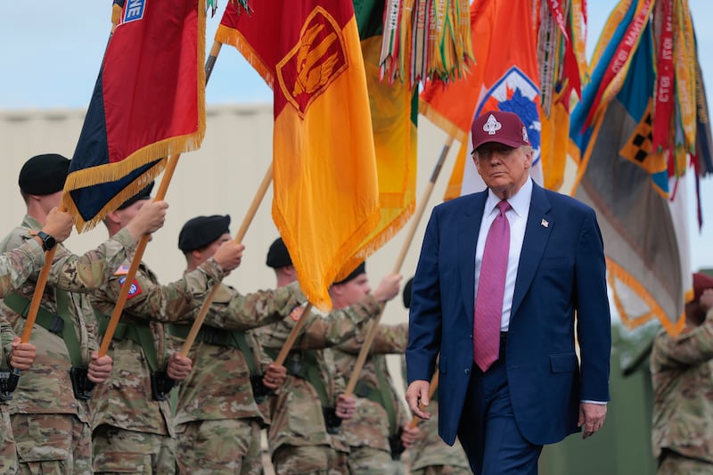 FORT BRAGG, NORTH CAROLINA - JUNE 10: U.S. President Donald Trump takes the stage during a rally with U.S. Army troops on June 10, 2025 at Fort Bragg, North Carolina. Trump is traveling to Fort Bragg Army base to observe a military demonstration and give remarks in honor of the U.S. Army’s 250th anniversary. (Photo by Anna Moneymaker/Getty Images)