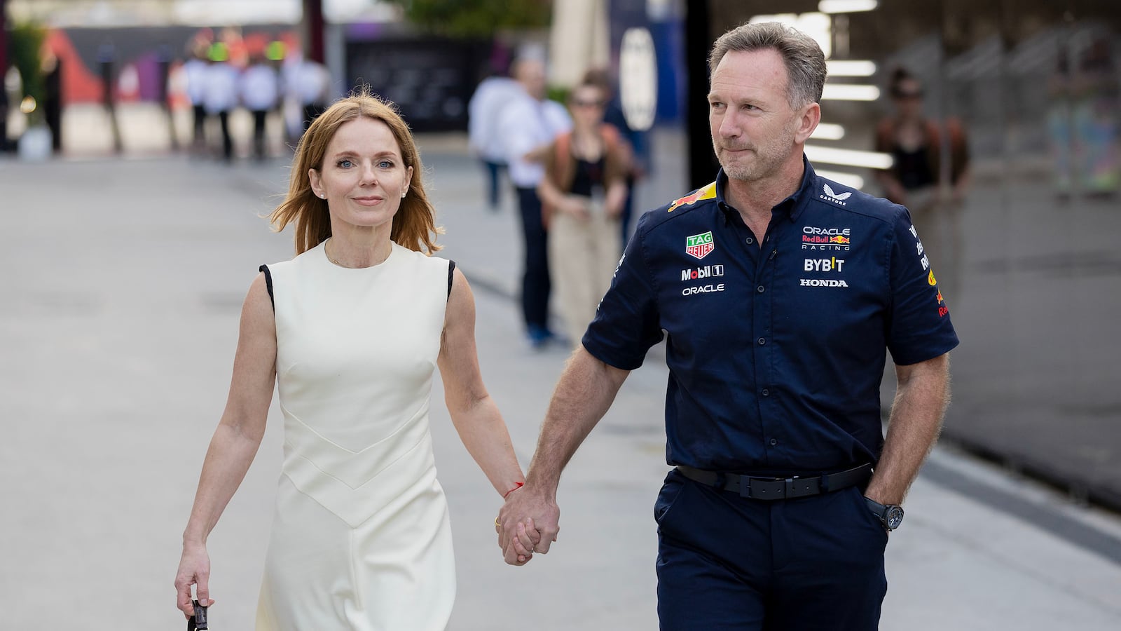 Christian Horner holds hands with Geri Halliwell during the F1 Grand Prix of Bahrain.