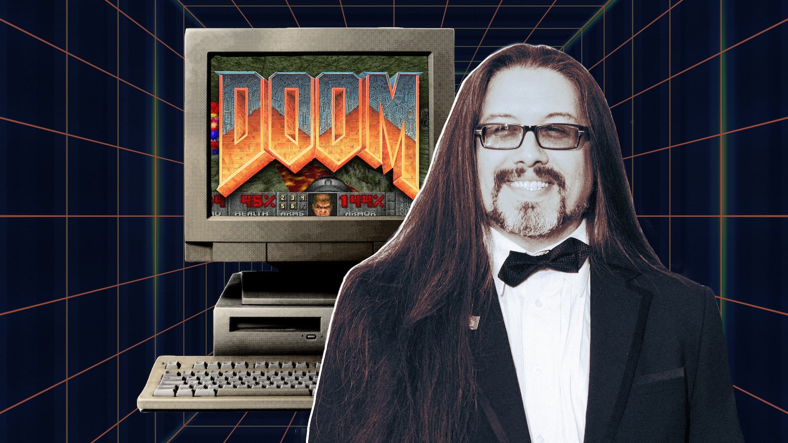 A photo composite of DOOM creator John Romero with a computer screen with DOOM video game scene.