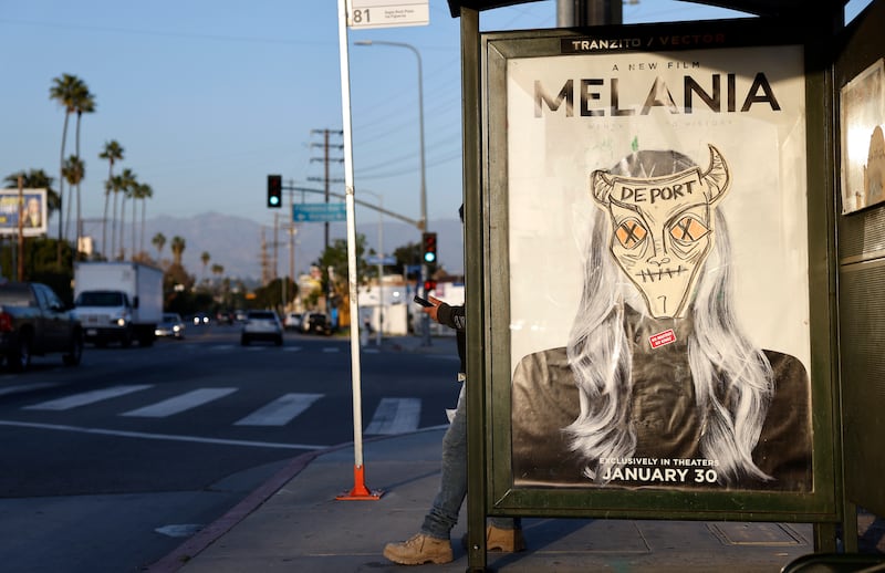 LOS ANGELES, CALIFORNIA - FEBRUARY 02: An advertisement for the “Melania: Twenty Days to History” documentary is seen defaced on February 2, 2026 in Los Angeles, California. The controversial $40 million documentary chronicles First Lady Melania Trump’s experience during the 2024 Presidential election and grossed $7 million on opening weekend. An advertising campaign for the documentary in Los Angeles resulted in multiple posters at bus shelters being defaced. (Photo by Mario Tama/Getty Images)