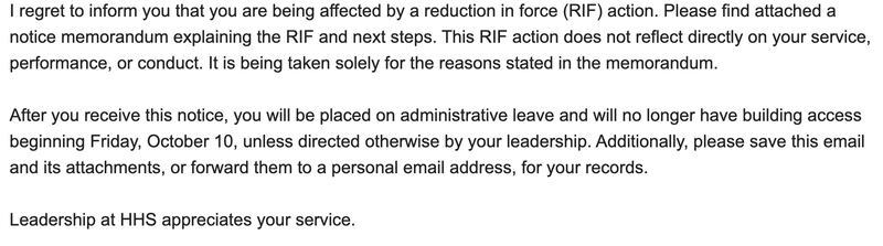 Email received by laid off CDC workers.