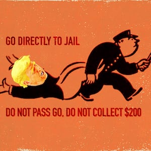 A photo illo illustration of Donald Trump in a Go To Jail Chance card from Monopoly.