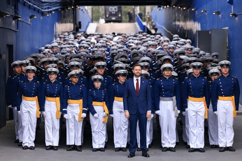 U.S. Vice President JD Vance stands with cadets before he delivers the commencement address for the graduating class of the United States Air Force Academy in Colorado Springs, Colorado, U.S., May 28, 2026.  REUTERS/Kevin Mohatt     TPX IMAGES OF THE DAY