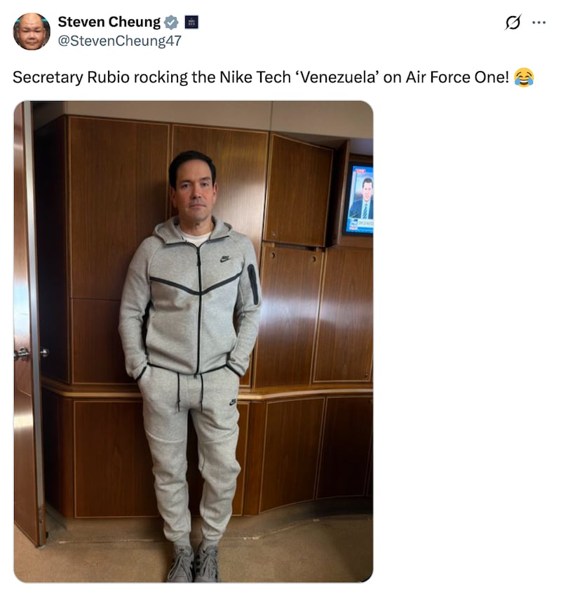 Steven Cheung's X post featuring a photo of Rubio in Maduro's tracksuit