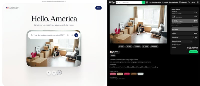 Side by side comparison of a screenshot from America.gov and the Stocksy stock image site where the photograph was found