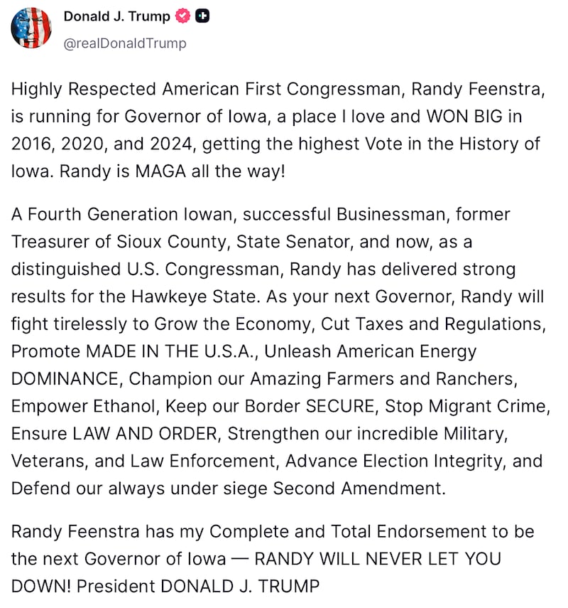 Donald Trump endorses Randy Feenstra on Truth Social.