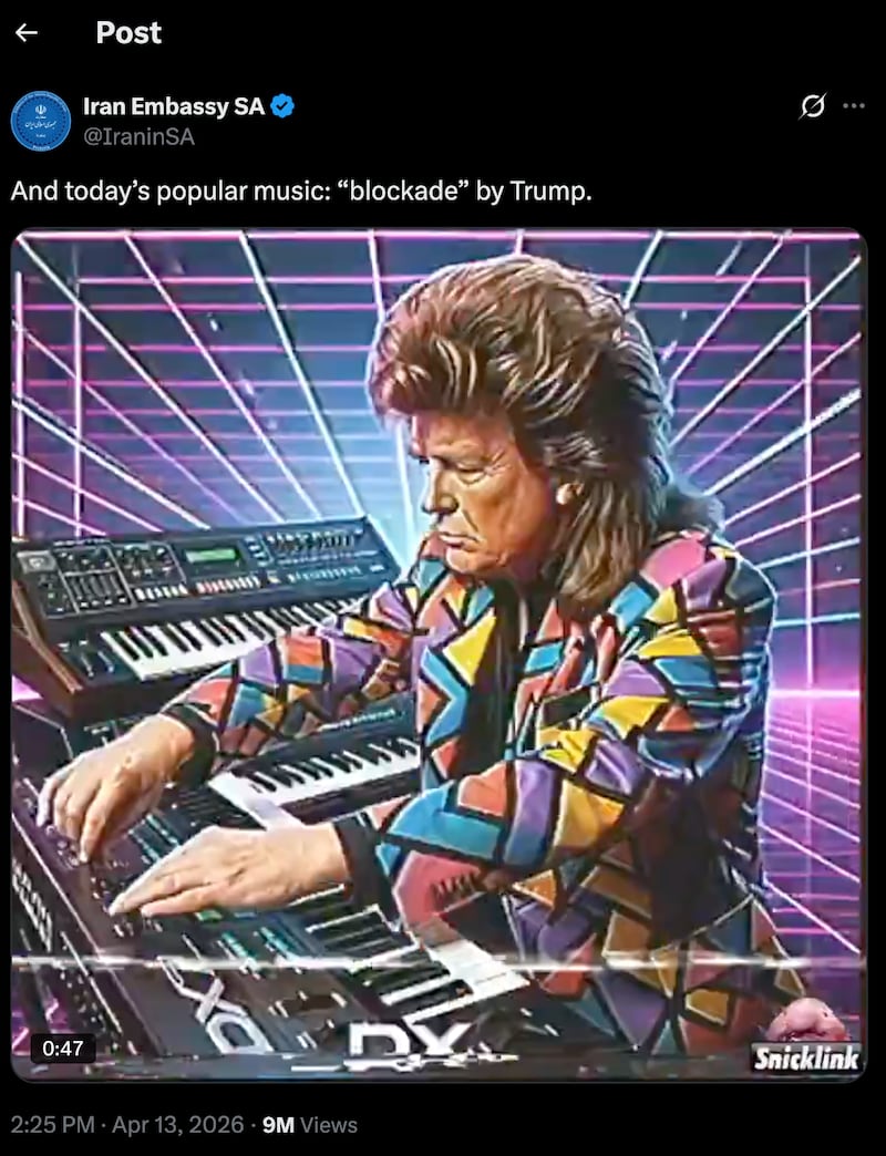 Trump dressed as an 80s rock star in a meme posted by Iran.
