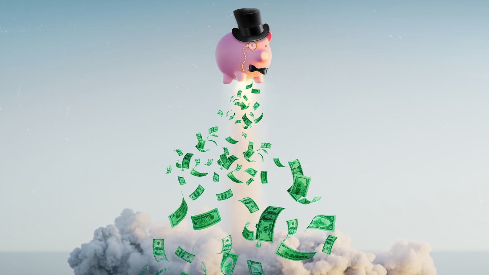 A photo illustration of piggy bank wearing top hat and monocle and money.