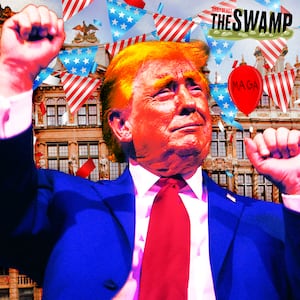A photo illo illustration of Donald Trump and The Swamp.