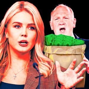 A photo illustration of Karoline Leavitt in front of Tom Homan holding a bag of money.