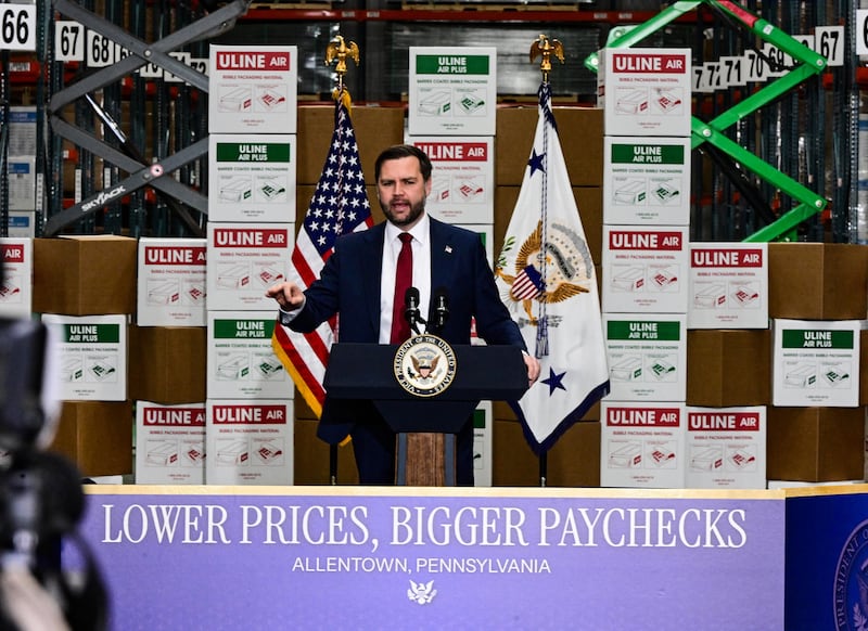 Vice President JD Vance appears Tuesday, Dec. 16, 2025, at a Uline warehouse in Lower Macungie Township, Pennsylvania, where he delivered a speech on the economy during his first visit to the Lehigh Valley since taking office.