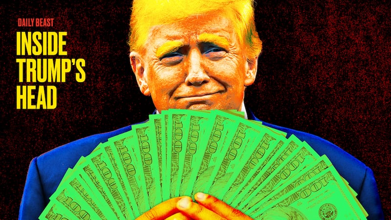 A photo illustration illo of Donald Trump holding up money for Inside Trump's head podcast.