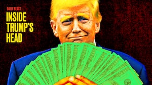 A photo illustration illo of Donald Trump holding up money for Inside Trump's head podcast.