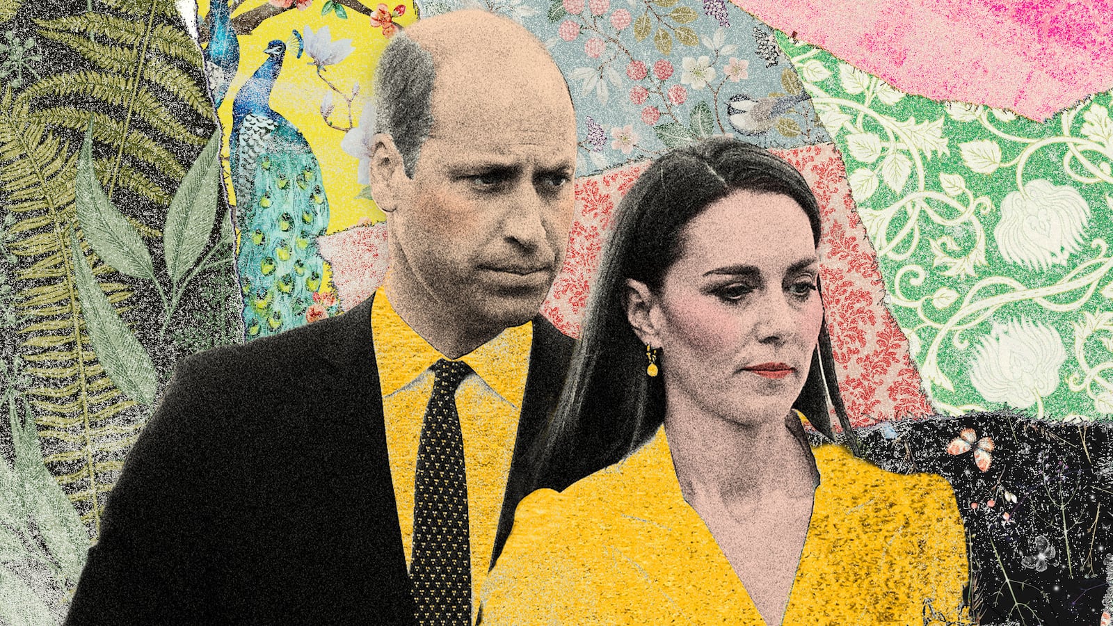 Photo illustration of Kate Middleton and Prince William on various pattern backgrounds
