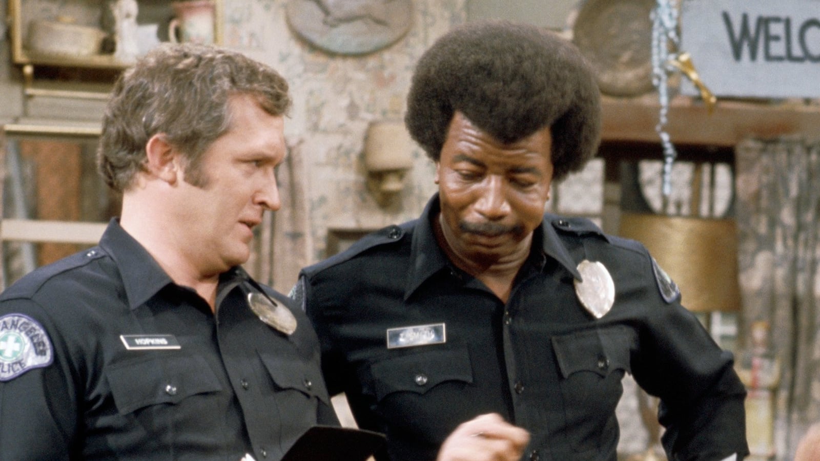 SANFORD AND SON -- "My Brother-In-Law's Keeper" Episode 20 -- Pictured: (l-r) Howard Platt as officer 'Hoppy' Hopkins, Hal Williams as officer 'Smitty' Smith, Redd Foxx as Fred G. Sanford -- Photo by: NBC/NBCU Photo Bank