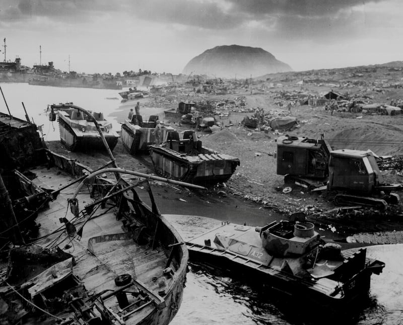 Wrecked U.S. Marine vehicles litter an Iwo Jima beach, 1945.  Courtesy U.S. National Archives/U.S. Navy Petty Officer 3rd Class Robert M. Warren/Handout via REUTERS      ATTENTION EDITORS - THIS IMAGE HAS BEEN SUPPLIED BY A THIRD PARTY         PLEASE SEARCH "FROM THE FILES - 75TH ANNIVERSARY OF THE BATTLE OF IWO JIMA” FOR ALL PICTURES