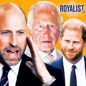 A photo illo illustration of Prince William, King Charles, and Prince Harry for The Royalist podcast.