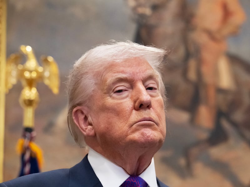 President Donald Trump is seen while making an announcement inside the Roosevelt Room of the White House on February 12, 2026, in Washington, DC.