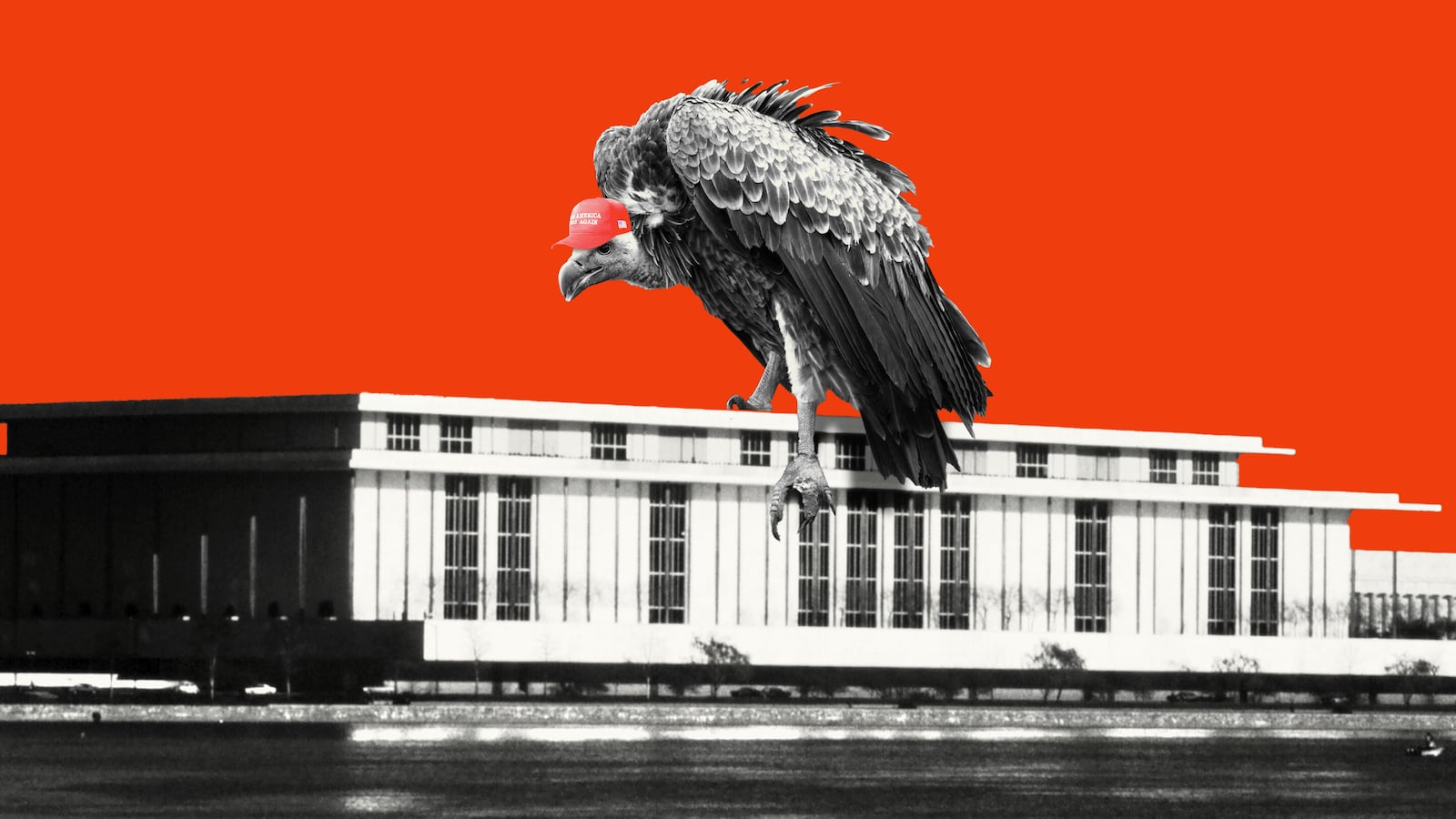 The Kennedy Center with a vulture wearing a MAGA hat sitting on top