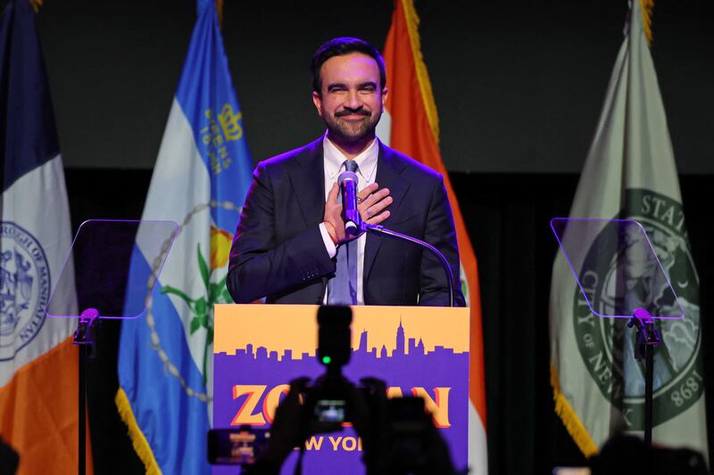 Zohran Mamdani celebrates during an election night event at the Brooklyn Paramount Theater in Brooklyn, New York on November 4, 2025.