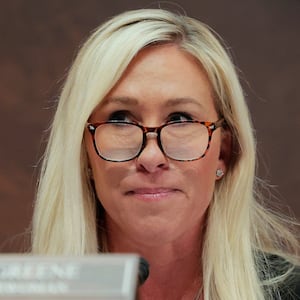 WASHINGTON, DC - FEBRUARY 26: Chair of the Subcommittee on Delivering On Government Efficiency (DOGE) U.S. Rep. Marjorie Taylor Greene (R-SC) presides over a hearing of the House Oversight Subcommittee in the U.S. Capitol on February 26, 2025 in Washington, DC. The subcommittee held the hearing to hear from witnesses on U.S. foreign aid. (Photo by Anna Moneymaker/Getty Images)