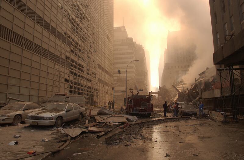 Wreckage around the Ground Zero, photographed on September 13, 2001
