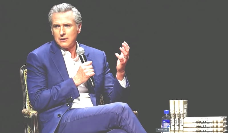 Gavin Newsom went for Donald Trump over his Iran bombing campaign during the book promo event.