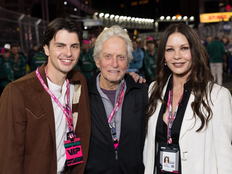 Dylan Douglas, Michael Douglas and Catherine Zeta-Jones during the F1 Grand Prix of Las Vegas