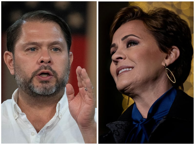A combination picture shows Arizona Democratic U.S. Senate candidate Ruben Gallego speaking during Harris-Walz Campaign Rally by Arizona Democratic Party at Celebrity Theatre in Phoenix, Arizona, U.S. November 4, 2024, and Arizona Republican U.S. Senate candidate Kari Lake speaking in Prescott, Arizona, U.S., November 4, 2024.
